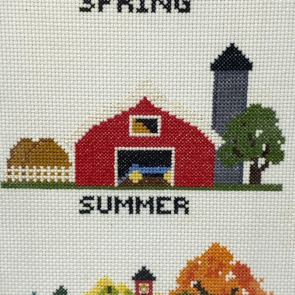 1977 Four Seasons Cross-Stitch Church Barn Trees Professional Framed - Picture 4 of 9